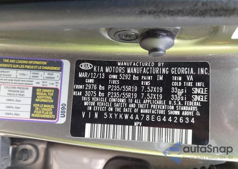 2014 Kia Sorento Limited V6 z USA, uszkodzony, nr VIN 5XYKW4A78EG442634